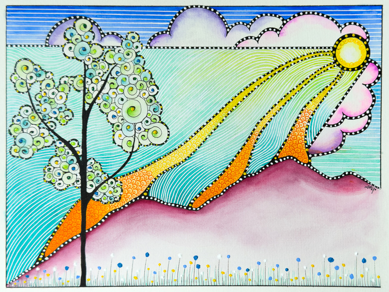 illustration, colorful, studio amy, design, nature, mountains, tree, sun, sky, landscape, whimsical