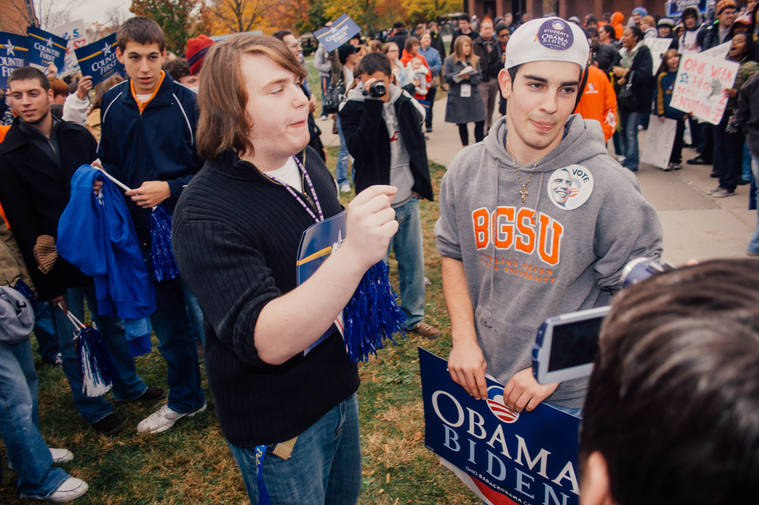A photo of Bowling Green State University students debating after a visit by vice presidential candidate Sarah Palin in 2008.