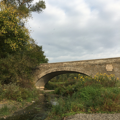 A stone bridge with small river beneath and trees surrounding on an overcast day.