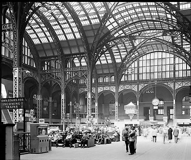 Interior concourse of New York's Pennsylvania Station in 1962.  The Beaux-Arts style station (designed by McKim, Mead, and White) completed in 1910. Demolished from 1963. A for runner to the National Historic Preservation Act of 1966.
