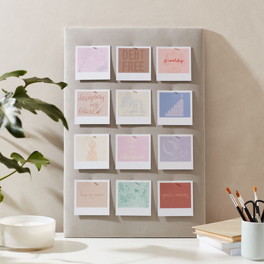 Product photography of a mood board pinboard on a desk by uk Photographer Sally Williams 