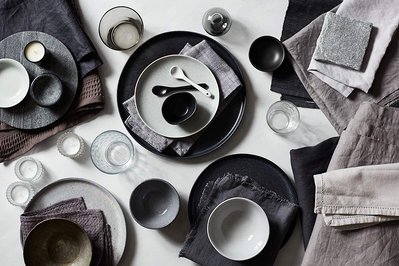 Product photography props grey and black ceramics and glassware