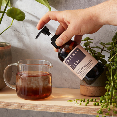 Houseplant feed being added to a water jug, on a shelf surrounded by houseplants