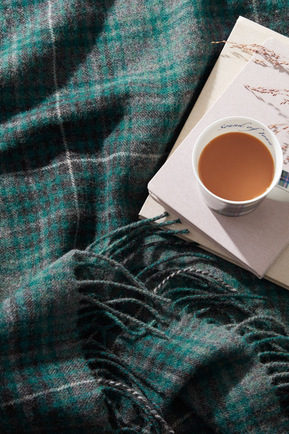 A green tartan throw shown with a cup of tea and notebook