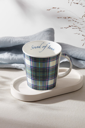 A tea cup shown on a tray in dappled light