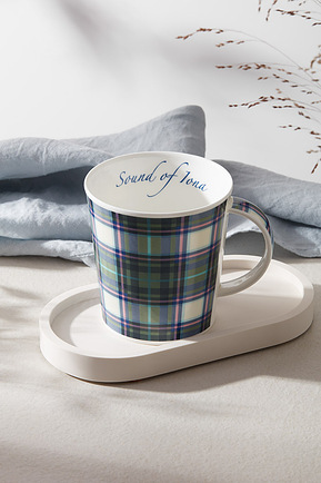 A tea cup shown on a tray in dappled light