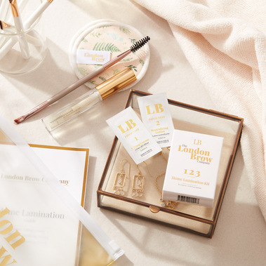 Beauty product photography, brow lamination products on a dressing table