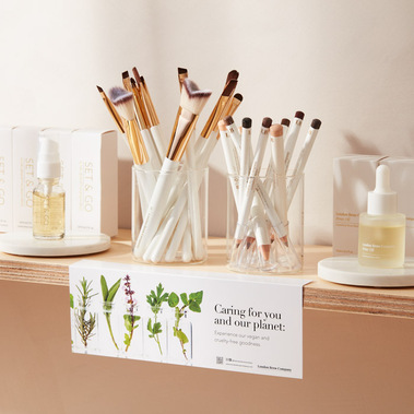 Lifestyle beauty product photography of cosmetics displayed on a salon shelf