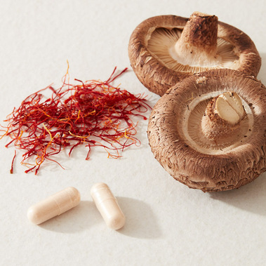 Supplement capsules bedside its  mushroom and saffron ingredients 