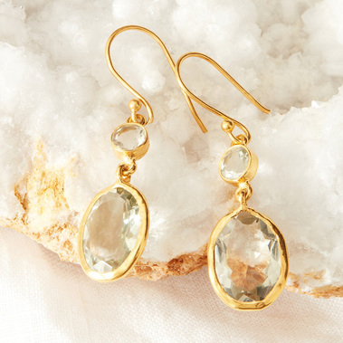 Styled jewellery photography, boho gold earrings on a natural crystal background