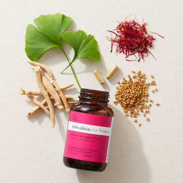 Ashwadisiac supplements for Women, a jar with the key ingredients surrounding it as a flatly.