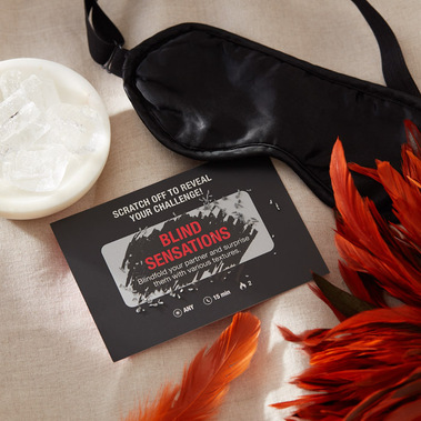 Couples Challenge Scratch Off Edition Sex Sensory Play cards with feathers and a blindfold