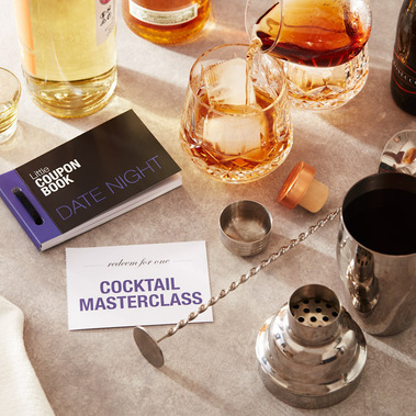 Little-Coupon-Book-Date-Night-Cocktail-Masterclass shown with cocktail shaker glasses and spirit bottles