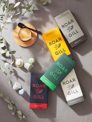 Product photography of coffee boxes on a grey background with eucalyptus
