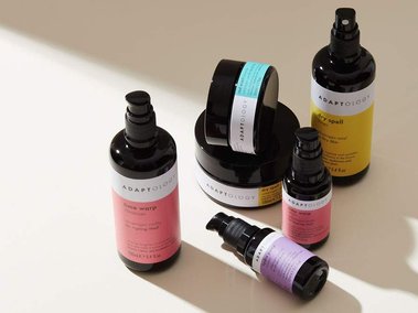 Lifestyle beauty product photography UK.  Minimalist styling for skincare brand  adaptology. 