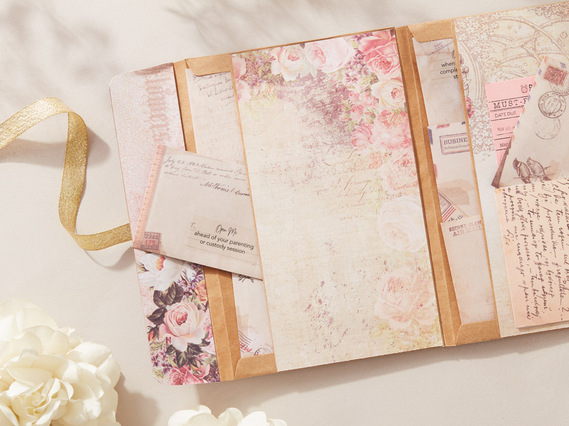 Wedding stationary journal open with silk ribbon on a neutral background