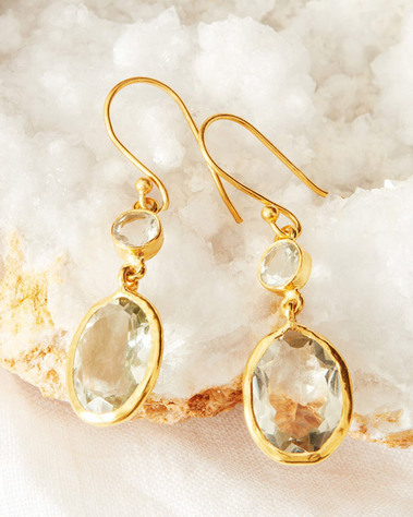 Lifestyle product photography of jewellery, gold earrings on a natural crystal background