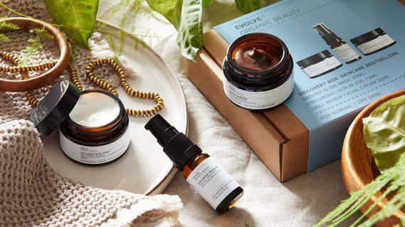 ETSY photographer, Evolve organic beauty gift set styled with props and fresh foliage