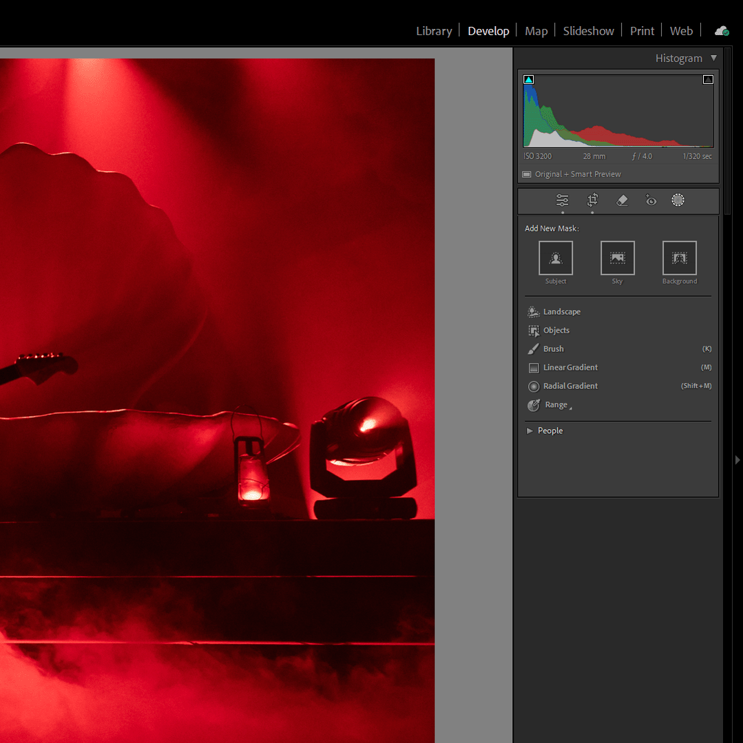 A screenshot of the masking options in the develop module of Adobe Lightroom Classic. Selecting a mask type will reveal adjustment options.