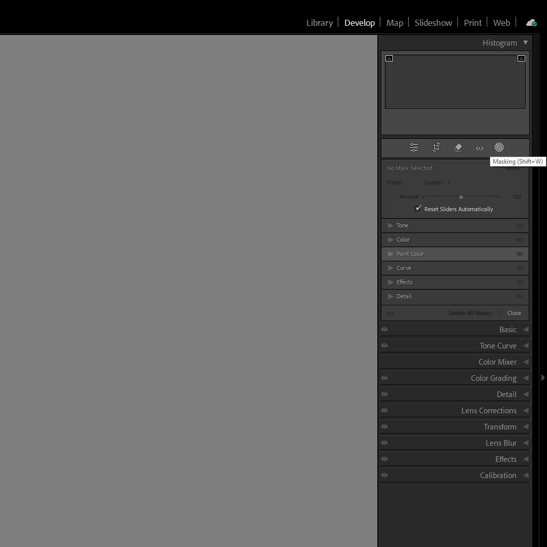 A screenshot of the develop module in Adobe Lightroom, showing the masking tool and its available adjustment options.
