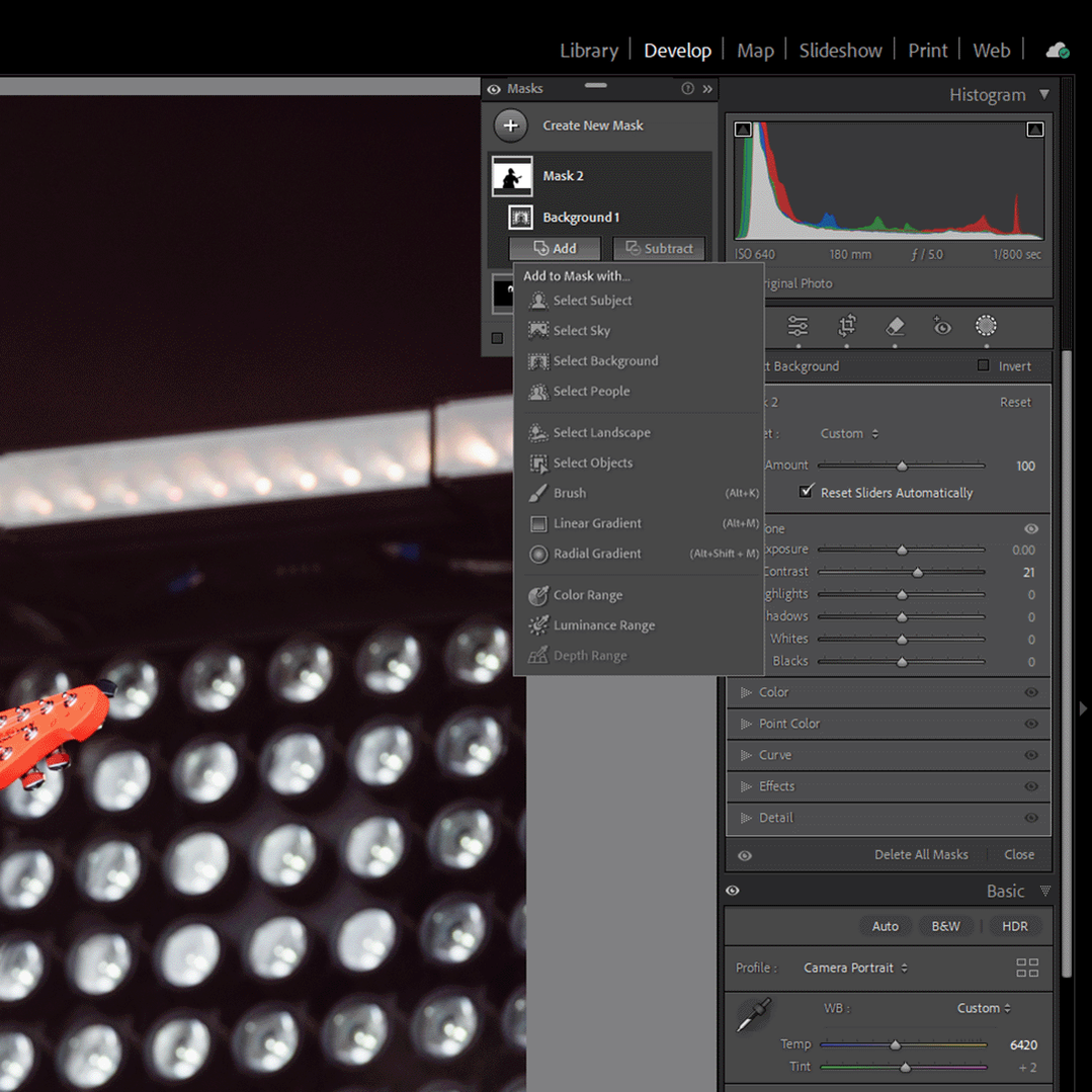 A screenshot of the masking tool in Adobe Lightroom, with options to add to an existing mask.