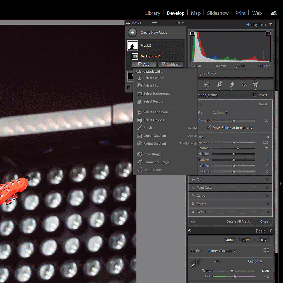 A screenshot of the masking tool in Adobe Lightroom, with options to add to an existing mask.