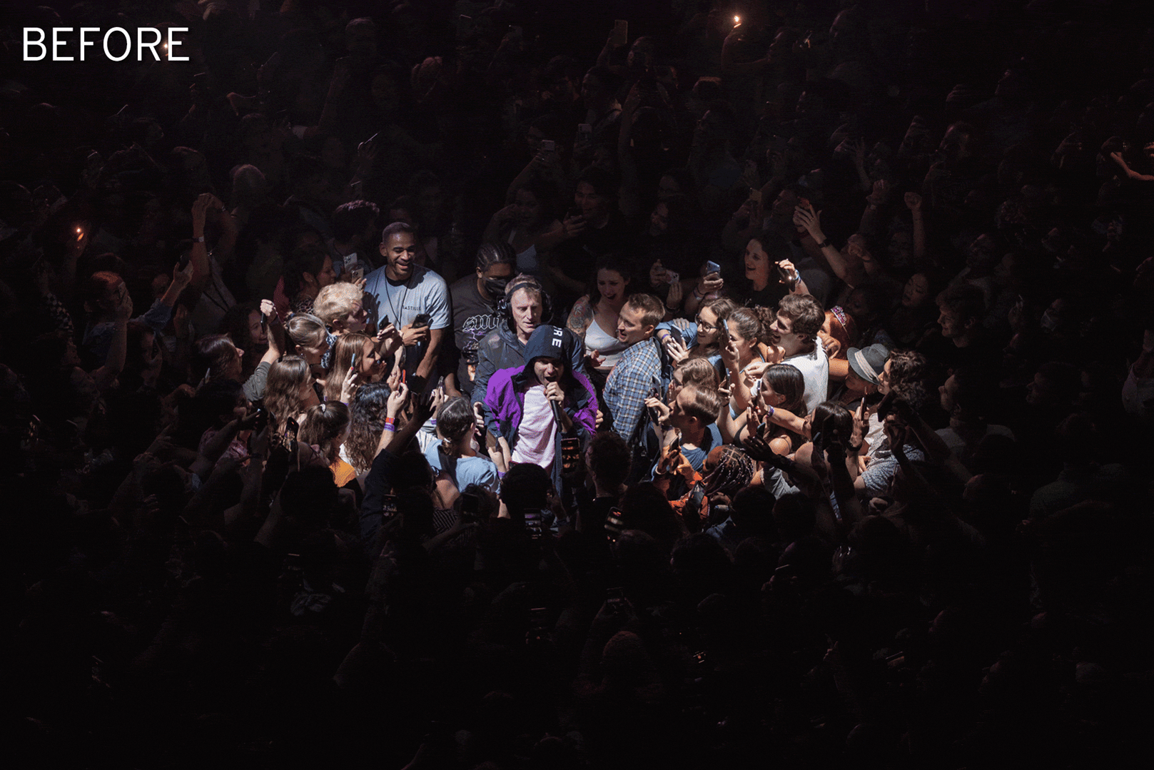 An animated gif showing the before and after results of a concert photo using a radial gradient mask in Adobe Lightroom. 