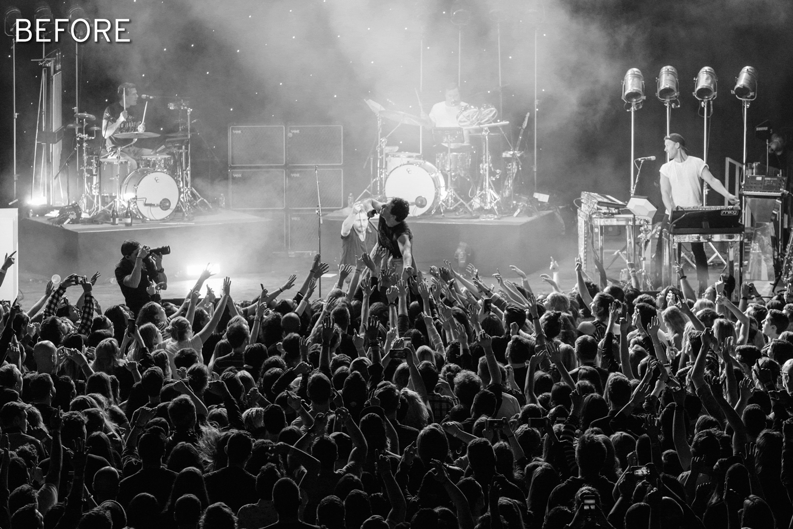 An animated gif showing the before and after results of a concert photo using a linear gradient mask in Adobe Lightroom. 