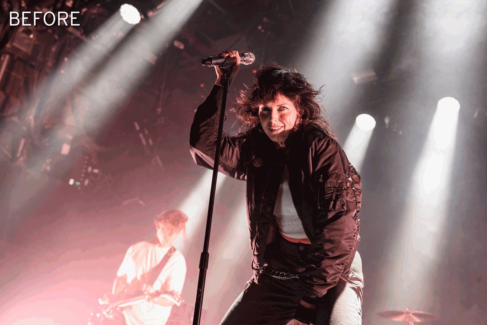 An animated gif showing the before and after results of a concert photo using a color range mask in Adobe Lightroom. 