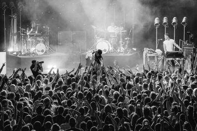 Jack Antonoff, of Bleachers, reaching into the crowd during a performance at Brooklyn Steel in Brooklyn, NY