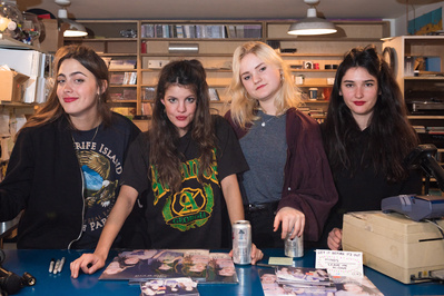 A portrait of HINDS, who did a record release performance at Other Music, a now-closed record store in NYC