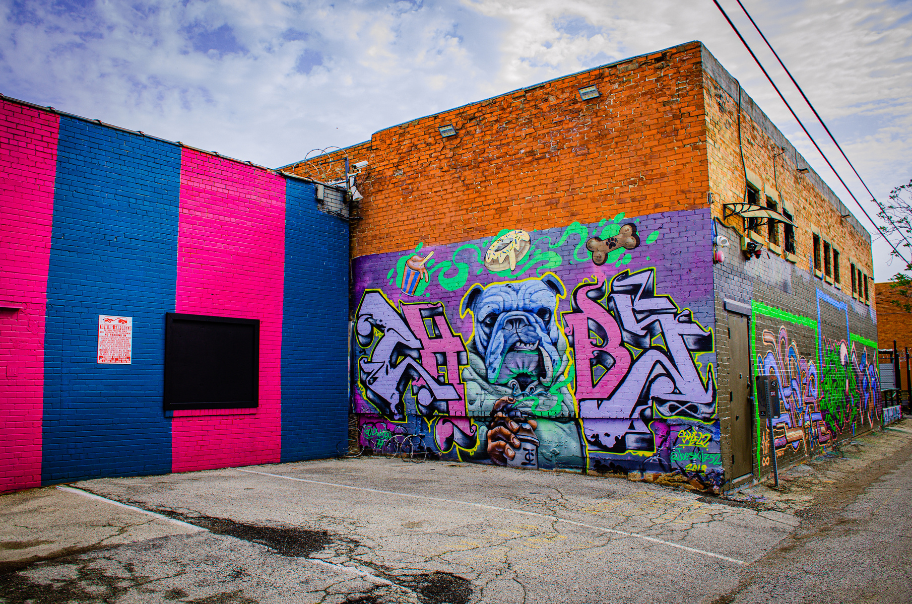 With teeth bared and can in hand, this bulldog isn't just graffiti—he’s a watchful spirit of the alley. Backed by loud tags and bold outlines, this wall barks in rhythm with the neighborhood's beat.