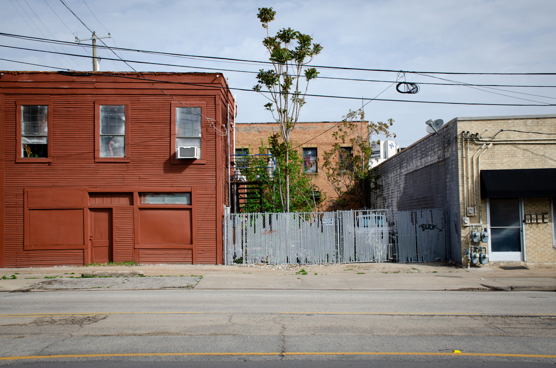 A rust-red façade guards a quiet gap, where trees rise between bricks and fences like uninvited guests reclaiming space.
