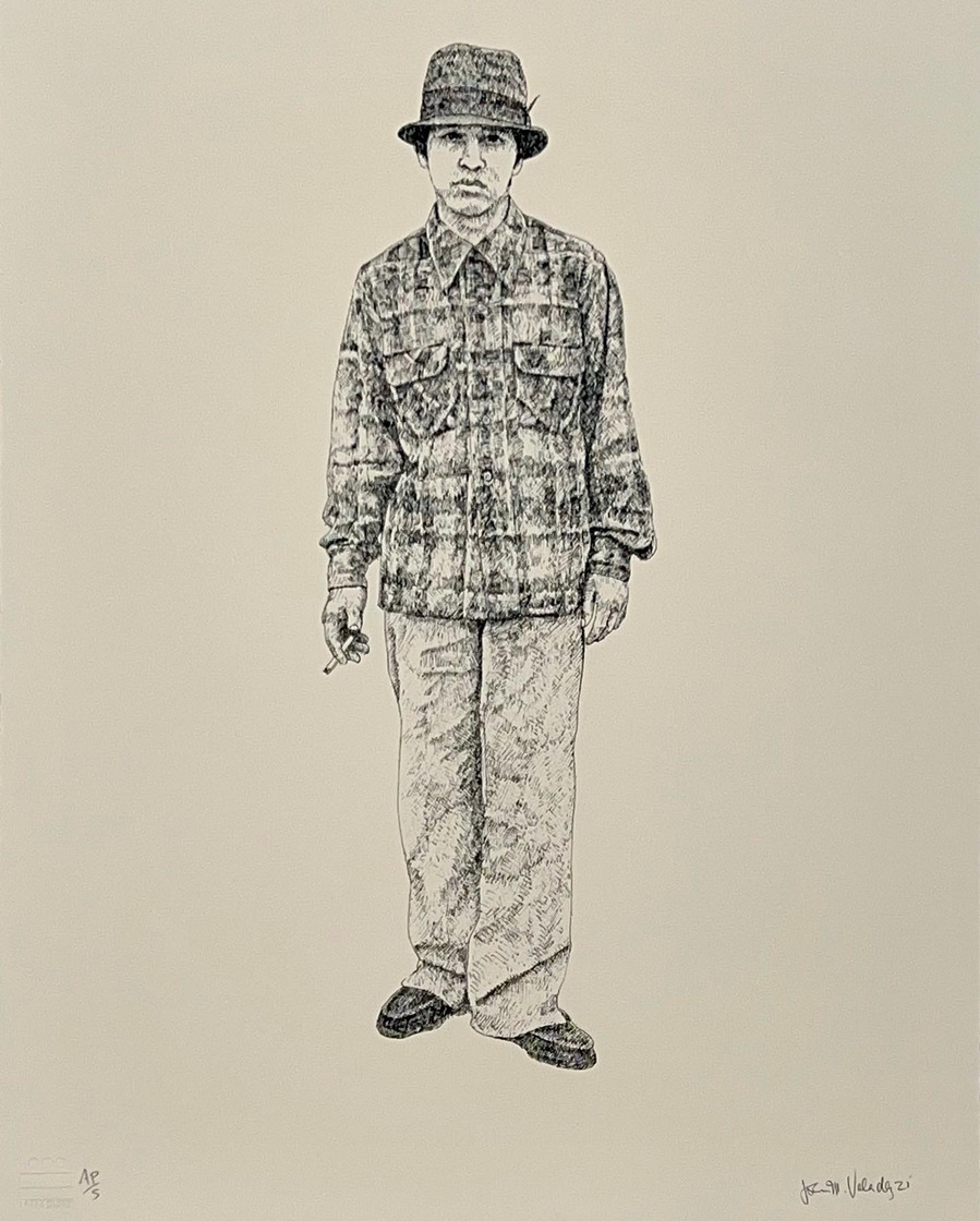 "Vato", 2022 by John Valadez for 13 Press. One color serigraph on fawn colored stone henge 250gsm paper. Edition of 100. Los Angeles Art Gallery. Chicano Art. 