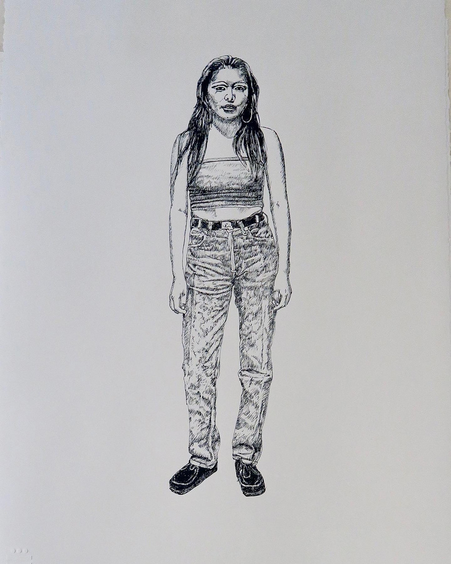"Payasa", 2022 by John M. Valadez

Based on a photograph from his "East Los AngelesUrban Portraits Portfolio", taken in 1978, in Los Angeles by the artist.
Los Angeles Art Gallery.