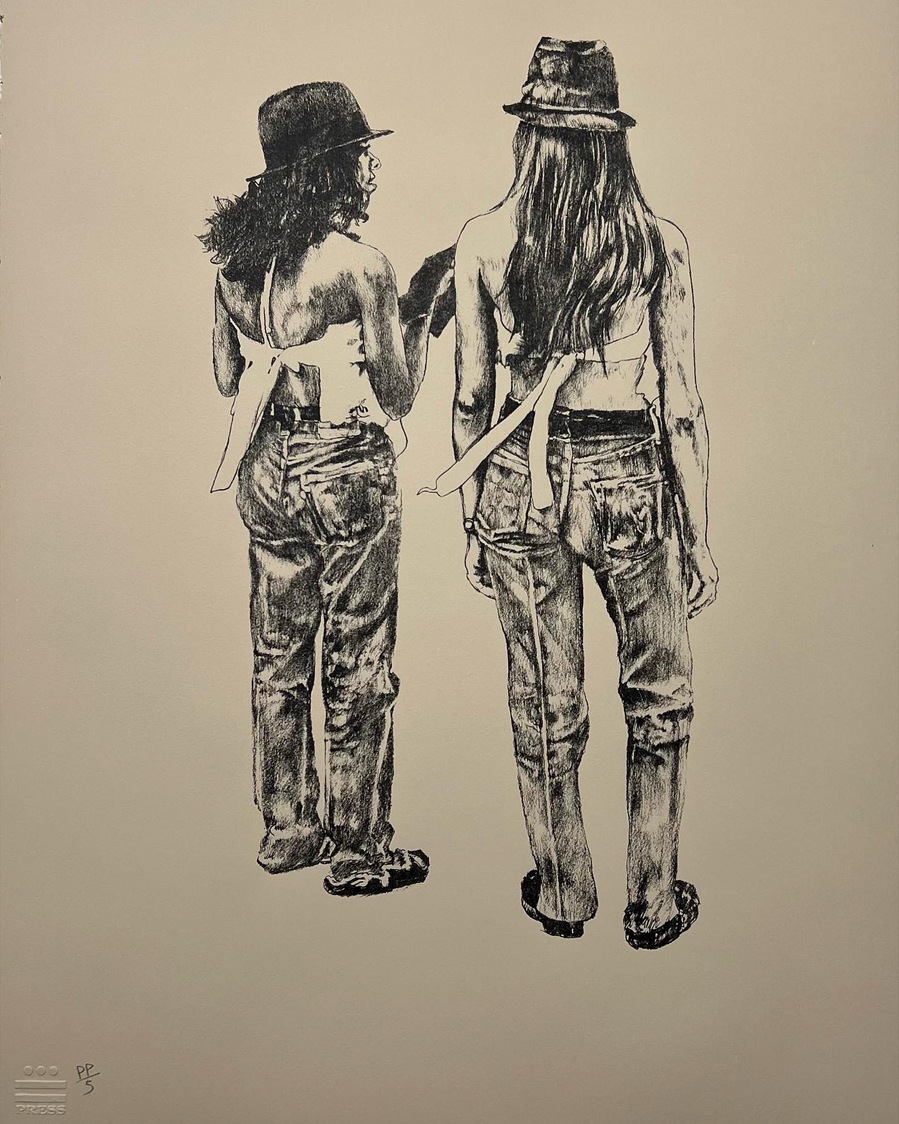 "TRISTE and DREAMER", 2022 by John Valadez for 13 Press. One color serigraph on fawn colored stone henge 250gsm paper. Edition of 100. Los Angeles Art Gallery. Chicano Art. 