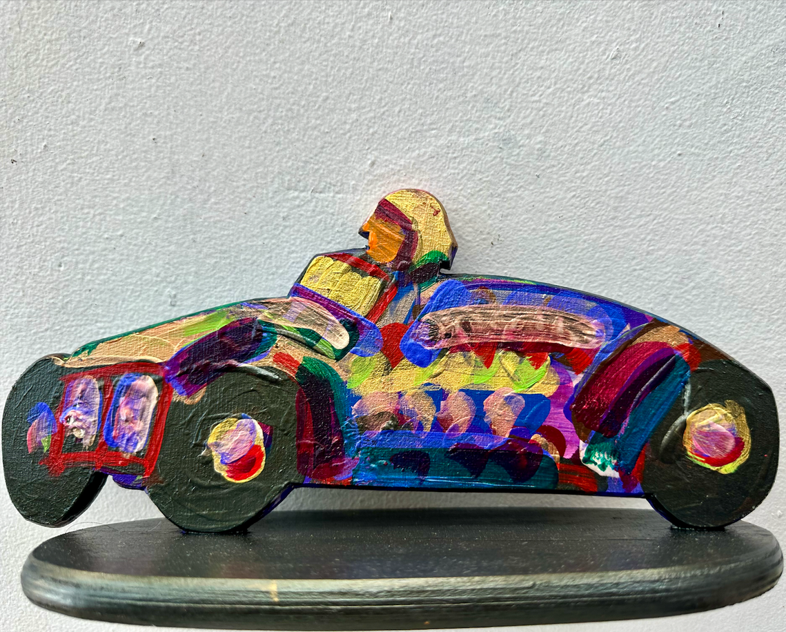 Frank Romero Race Car Sculpture. Art available for purchase. Eastern Projects Gallery Los Angeles. 