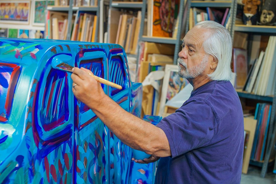 Frank Romero Art  Available for purchase at Eastern Projects Gallery Los Angeles. Frank Edward Romero is an American artist considered to be a pioneer in the Chicano art movement. Romero's paintings and mural works explore Chicano and Los Angeles iconogra