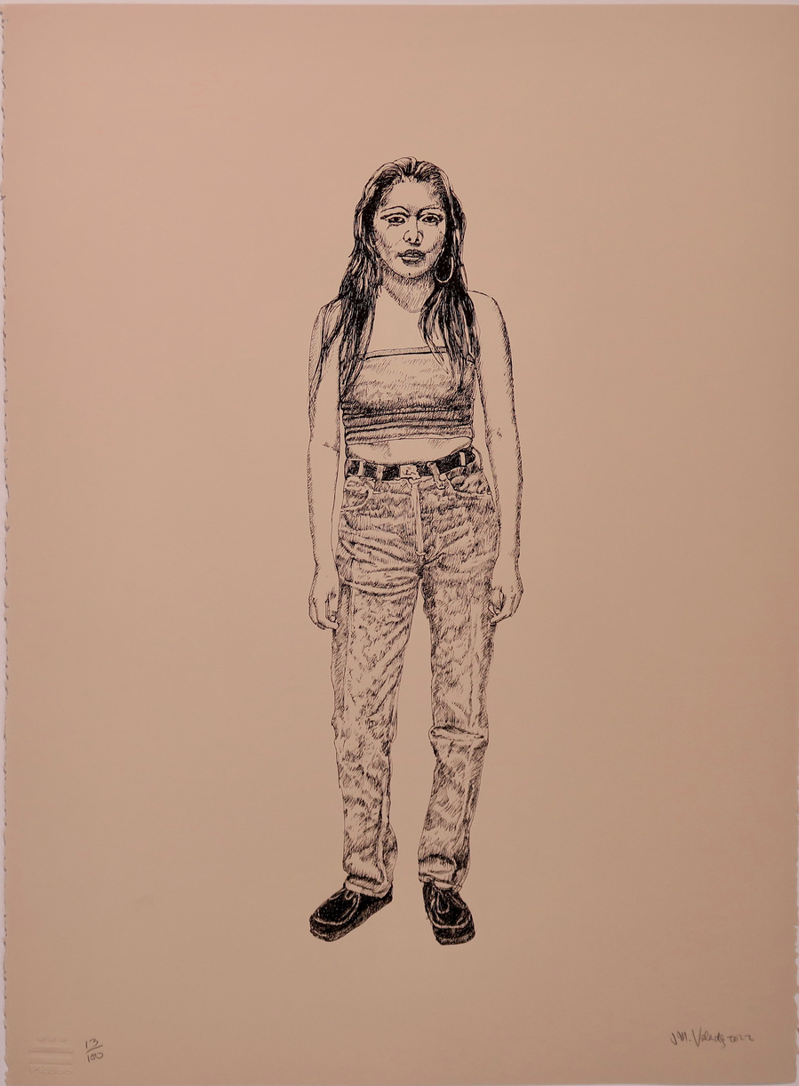 "Payasa", 2022 by John M. Valadez

Based on a photograph from his "East Los AngelesUrban Portraits Portfolio", taken in 1978, in Los Angeles by the artist.
Los Angeles Art Gallery.
